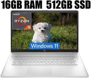 HP 17 Laptop, 17.3" FHD (1920 x 1080) Display, AMD Ryzen 5 5500U 6 Cores Processor, AMD Radeon Graphics, Webcam, HDMI, Wi-Fi, 16GB DDR4  512GB PCIe SSD, Windows 11