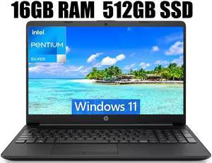 HP 15 Laptop, 15.6" HD Display, Intel Pentium N5030 4 cores Processor, Intel UHD Graphics, Media Card Reader, Wi-Fi, 16GB DDR4  512GB PCIe SSD, Windows 11