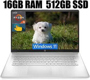 HP 17 Laptop, 17.3" HD+ (1600 x 900) Touchscreen, AMD Ryzen 5 5500U 6 cores Processor, AMD Radeon Graphics, Wi-Fi, Bluetooth, 720p HD Camera, 16GB DDR4  512GB PCIe SSD, Windows 11