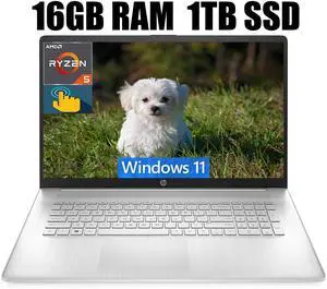 HP 17 Laptop, 17.3" HD+ (1600 x 900) Touchscreen, AMD Ryzen 5 5500U 6 cores Processor, AMD Radeon Graphics, Wi-Fi, Bluetooth, 720p HD Camera, 16GB DDR4  1TB PCIe SSD, Windows 11