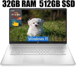 HP 17 Laptop, 17.3" HD+ (1600 x 900) Touchscreen, AMD Ryzen 5 5500U 6 cores Processor, AMD Radeon Graphics, Wi-Fi, Bluetooth, 720p HD Camera, 32GB DDR4  512GB PCIe SSD, Windows 11