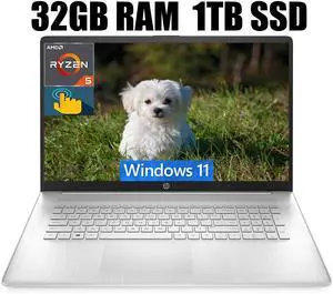 HP 17 Laptop, 17.3" HD+ (1600 x 900) Touchscreen, AMD Ryzen 5 5500U 6 cores Processor, AMD Radeon Graphics, Wi-Fi, Bluetooth, 720p HD Camera, 32GB DDR4  1TB PCIe SSD, Windows 11