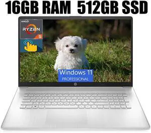 HP 17 Laptop, 17.3" HD+ (1600 x 900) Touchscreen, AMD Ryzen 5 5500U 6 cores Processor, AMD Radeon Graphics, Wi-Fi, Bluetooth, 720p HD Camera, 16GB DDR4  512GB PCIe SSD, Windows 11 Pro
