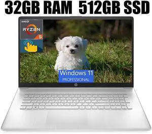 HP 17 Laptop, 17.3" HD+ (1600 x 900) Touchscreen, AMD Ryzen 5 5500U 6 cores Processor, AMD Radeon Graphics, Wi-Fi, Bluetooth, 720p HD Camera, 32GB DDR4  512GB PCIe SSD, Windows 11 Pro