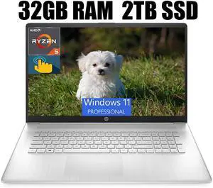HP 17 Laptop, 17.3" HD+ (1600 x 900) Touchscreen, AMD Ryzen 5 5500U 6 cores Processor, AMD Radeon Graphics, Wi-Fi, Bluetooth, 720p HD Camera, 32GB DDR4  2TB PCIe SSD, Windows 11 Pro