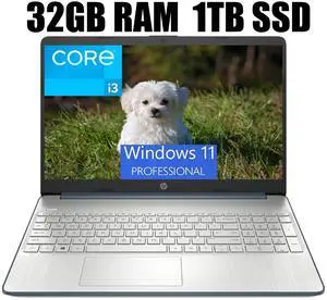 HP 15 Laptop, 15.6" HD Display, Intel Core i3-1115G4 2 Cores Processor, Intel UHD Graphics, Wi-Fi, SD Card Reader, HDMI, Webcam, 32GB DDR4  1TB PCIe SSD, Windows 11 Pro