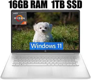 HP 17 Laptop, 17.3" HD+ (1600 x 900) Display, AMD Ryzen 3 7320U Quad-Core Processor, AMD Radeon Graphics, WiFi 6, HDMI, Numeric Keypad, 16GB DDR4  1TB PCIe SSD, Windows 11