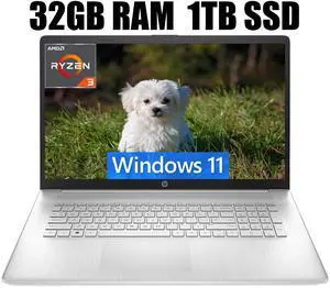 HP 17 Laptop, 17.3" HD+ (1600 x 900) Display, AMD Ryzen 3 7320U Quad-Core Processor, AMD Radeon Graphics, WiFi 6, HDMI, Numeric Keypad, 32GB DDR4  1TB PCIe SSD, Windows 11