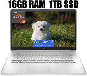 HP 17 Laptop, 17.3" HD+ (1600 x 900) Display, AMD Ryzen 3 7320U Quad-Core Processor, AMD Radeon Graphics, WiFi 6, HDMI, Numeric Keypad, 16GB DDR4  1TB PCIe SSD, Windows 11 Pro