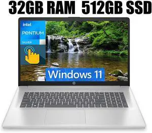 HP 17 Laptop, 17.3" HD+ Touchscreen, Intel Pentium Silver N5030 4 cores Processor, Intel UHD Graphics, 802.11AC WiFi, Bluetooth 5.0, 32GB DDR4  512GB PCIe SSD, Windows 11