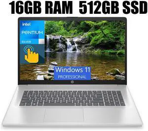 HP 17 Laptop, 17.3" HD+ Touchscreen, Intel Pentium Silver N5030 4 cores Processor, Intel UHD Graphics, 802.11AC WiFi, Bluetooth 5.0, 16GB DDR4  512GB PCIe SSD, Windows 11 Pro