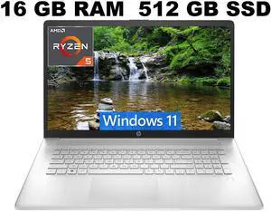 HP 17 Laptop, 17.3" FHD (1920 x 1080) Display, AMD Ryzen 5 5500U 6 Cores Processor, AMD Radeon Graphics, 16GB DDR4  512GB PCIe SSD, Webcam, HDMI, Wi-Fi, Windows 11 ,Office 2024 License