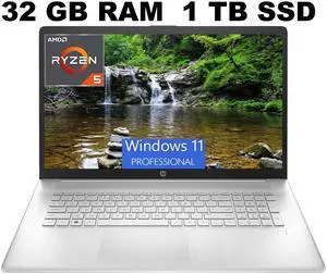 HP 17 Laptop, 17.3" FHD (1920 x 1080) Display, AMD Ryzen 5 5500U 6 Cores Processor, AMD Radeon Graphics, 32GB DDR4  1TB PCIe SSD, Webcam, HDMI, Wi-Fi, Windows 11 Pro ,Office 2024 License