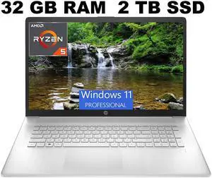 HP 17 Laptop, 17.3" FHD (1920 x 1080) Display, AMD Ryzen 5 5500U 6 Cores Processor, AMD Radeon Graphics, 32GB DDR4  2TB PCIe SSD, Webcam, HDMI, Wi-Fi, Windows 11 Pro ,Office 2024 License