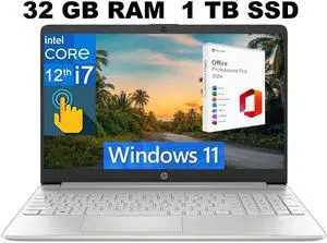 HP 15 Laptop, 15.6" Full HD Touchscreen, Intel Core i7-1255U 10 Cores Processor, Intel Iris Xe graphics, 32GB DDR4  1TB PCIe SSD, Wi-Fi 5 + and Bluetooth 4.2, Windows 11 ,Office 2024 License