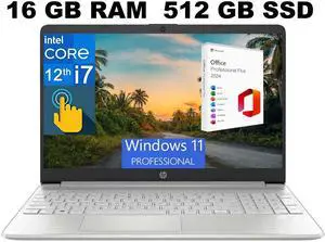 HP 15 Laptop, 15.6" Full HD Touchscreen, Intel Core i7-1255U 10 Cores Processor, Intel Iris Xe graphics, 16GB DDR4  512GB PCIe SSD, Wi-Fi 5 + and Bluetooth 4.2, Windows 11 Pro ,Office 2024 License