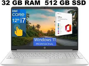 HP 15 Laptop, 15.6" Full HD Touchscreen, Intel Core i7-1255U 10 Cores Processor, Intel Iris Xe graphics, 32GB DDR4  512GB PCIe SSD, Wi-Fi 5 + and Bluetooth 4.2, Windows 11 Pro ,Office 2024 License