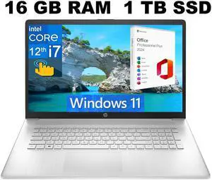HP 17 Laptop, 17.3" HD+ Touchscreen, Intel Core i7-1255U 10 Cores Processor, Intel Iris Xe Graphics, 16GB DDR4  1TB PCIe SSD, Fingerprint Reader, Wi-Fi 6, Windows 11 ,Office 2024 License