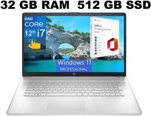 HP 17 Laptop, 17.3" HD+ Touchscreen, Intel Core i7-1255U 10 Cores Processor, Intel Iris Xe Graphics, 32GB DDR4  512GB PCIe SSD, Fingerprint Reader, Wi-Fi 6, Windows 11 Pro ,Office 2024 License