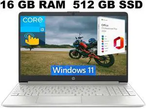 HP 15 Laptop, 15.6" HD Touchscreen, Intel Core i3-1215U 6-Core Processor, Intel UHD Graphics, 16GB DDR4  512GB PCIe SSD, WiFi, Bluetooth, Windows 11 ,Office 2024 License