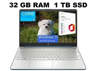 HP 15 Laptop, 15.6" HD Display, Intel Core i3-1115G4 2 Cores Processor, Intel UHD Graphics, 32GB DDR4  1TB PCIe SSD, Wi-Fi, SD Card Reader, HDMI, Webcam, Windows 11 ,Office 2024 License