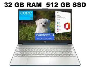 HP 15 Laptop, 15.6" HD Display, Intel Core i3-1115G4 2 Cores Processor, Intel UHD Graphics, 32GB DDR4  512GB PCIe SSD, Wi-Fi, SD Card Reader, HDMI, Webcam, Windows 11 ,Office 2024 License