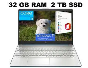HP 15 Laptop, 15.6" HD Display, Intel Core i3-1115G4 2 Cores Processor, Intel UHD Graphics, 32GB DDR4  2TB PCIe SSD, Wi-Fi, SD Card Reader, HDMI, Webcam, Windows 11 ,Office 2024 License