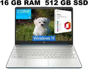HP 15 Laptop, 15.6" HD Display, Intel Core i3-1115G4 2 Cores Processor, Intel UHD Graphics, 16GB DDR4  512GB PCIe SSD, Wi-Fi, SD Card Reader, HDMI, Webcam, Windows 11 Pro ,Office 2024 License