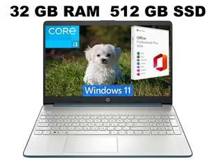 HP 15 Laptop, 15.6" HD Display, Intel Core i3-1115G4 2 Cores Processor, Intel UHD Graphics, 32GB DDR4  512GB PCIe SSD, Wi-Fi, SD Card Reader, HDMI, Webcam, Windows 11 Pro ,Office 2024 License