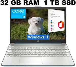 HP 15 Laptop, 15.6" HD Display, Intel Core i3-1115G4 2 Cores Processor, Intel UHD Graphics, 32GB DDR4  1TB PCIe SSD, Wi-Fi, SD Card Reader, HDMI, Webcam, Windows 11 Pro ,Office 2024 License