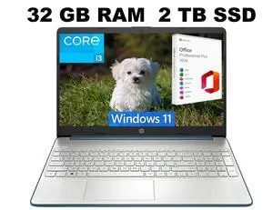 HP 15 Laptop, 15.6" HD Display, Intel Core i3-1115G4 2 Cores Processor, Intel UHD Graphics, 32GB DDR4  2TB PCIe SSD, Wi-Fi, SD Card Reader, HDMI, Webcam, Windows 11 Pro ,Office 2024 License