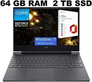 HP Victus 15 Gaming Laptop, 15.6" FHD 144Hz Display, Intel Core i5-12450H 8 Cores Processor, GeForce GTX 1650 4 GB GDDR5, 64GB DDR4  2TB PCIe SSD, Backlit KB, Windows 11 Pro ,Office 2024 License