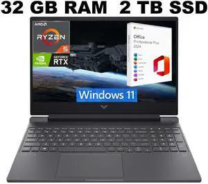 HP Victus 15 Gaming Laptop, 15.6" FHD 144Hz Display, AMD Ryzen 5 7535HS 6 cores Processor, RTX 2050 4GB GDDR6, 32GB DDR5  2TB PCIe SSD, Backlit Keyboard, Windows 11 ,Office 2024 License