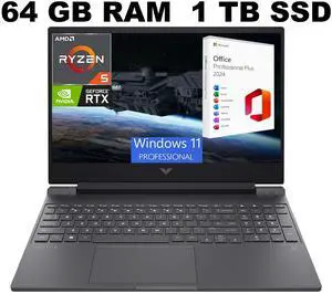 HP Victus 15 Gaming Laptop, 15.6" FHD 144Hz Display, AMD Ryzen 5 7535HS 6 cores Processor, RTX 2050 4GB GDDR6, 64GB DDR5  1TB PCIe SSD, Backlit Keyboard, Windows 11 Pro ,Office 2024 License