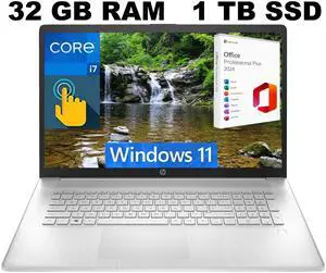 HP 17 Laptop, 17.3" HD+ Touchscreen, Intel Core i7-1355U 10 Cores Processor, Iris Xe Graphics, 32GB DDR4  1TB PCIe SSD, Fingerprint Reader, Backlit Keyboard, Windows 11 ,Office 2024 License