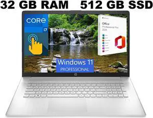 HP 17 Laptop, 17.3" HD+ Touchscreen, Intel Core i7-1355U 10 Cores Processor, Iris Xe Graphics, 32GB DDR4  512GB PCIe SSD, Fingerprint Reader, Backlit Keyboard, Windows 11 Pro ,Office 2024 License