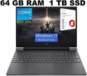 HP Victus 15 Gaming Laptop, 15.6" Full HD 144Hz Display, Intel Core i5-12450H 8-Core Processor, RTX 3050 4GB GDDR6, 64GB DDR4  1TB PCIe SSD, Bluetooth 5.3, Windows 11 Pro ,Office 2024 License