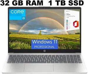 HP 15 Laptop, 15.6" FHD Display, Intel Core i3-N305 8 Cores Processor, Intel UHD Graphics, 32GB DDR4  1TB PCIe SSD, Wi-Fi 6 and Bluetooth 5.3, Fingerprint, Windows 11 Pro ,Office 2024 License