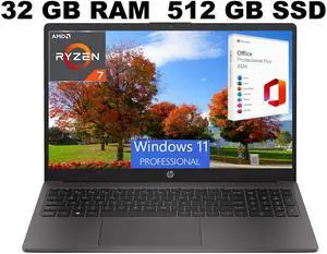 HP 255 G10 15 Laptop, 15.6" FHD Display, AMD Ryzen 7 7730U 8 Cores Processor, AMD Radeon Graphics, 32GB DDR4  512GB PCIe SSD, Webcam, Wi-Fi 6, Windows 11 Pro ,Office 2024 License