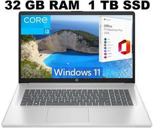 HP 17 Laptop, 17.3" FHD (1920 x 1080) Display, Intel Core i3-1215U 6 Cores Processor, Intel UHD Graphics, 32GB DDR4  1TB PCIe SSD, Numeric Keypad, Webcam, Wi-Fi, Windows 11 ,Office 2024 License