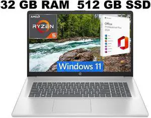 HP 17 Laptop, 17.3" FHD (1920x1080) Display, AMD Ryzen 5 7430U 6 cores Processor, AMD Radeon Graphics, 32GB DDR4  512GB PCIe SSD, Wi-Fi 6, Windows 11 ,Office 2024 License