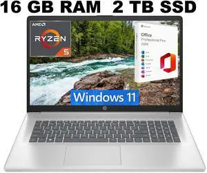 HP 17 Laptop, 17.3" FHD (1920x1080) Display, AMD Ryzen 5 7430U 6 cores Processor, AMD Radeon Graphics, 16GB DDR4  2TB PCIe SSD, Wi-Fi 6, Windows 11 ,Office 2024 License