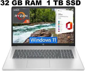 HP 17 Laptop, 17.3" FHD (1920x1080) Display, AMD Ryzen 5 7430U 6 cores Processor, AMD Radeon Graphics, 32GB DDR4  1TB PCIe SSD, Wi-Fi 6, Windows 11 ,Office 2024 License