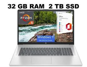 HP 17 Laptop, 17.3" FHD (1920x1080) Display, AMD Ryzen 5 7430U 6 cores Processor, AMD Radeon Graphics, 32GB DDR4  2TB PCIe SSD, Wi-Fi 6, Windows 11 Pro ,Office 2024 License