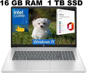 HP 17 Laptop, 17.3" HD+ (1600 x 900) Touchscreen, Intel Core 7-150U 10 cores processor, Intel Graphics, 16GB DDR4  1TB PCIe SSD, Backlit Keyboard, Windows 11 ,Office 2024 License