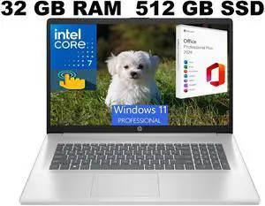 HP 17 Laptop, 17.3" HD+ (1600 x 900) Touchscreen, Intel Core 7-150U 10 cores processor, Intel Graphics, 32GB DDR4  512GB PCIe SSD, Backlit Keyboard, Windows 11 Pro ,Office 2024 License