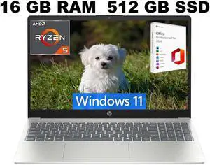 HP 15.6 Laptop, 15.6" FHD (1920 x 1080) Display, AMD Ryzen 5 7520U 4-Core Processor, AMD Radeon Graphics, 16GB  DDR4  512GB   PCIe SSD, Wi-Fi 6, Bluetooth 5.3, Windows 11 Home ,Office 2024 License