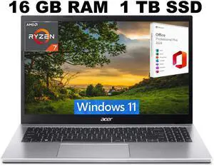 Acer Aspire 3 15 Laptop, 15.6" FHD Display, AMD Ryzen 7 5700U 8 Cores Processor, AMD Radeon Graphics, 16GB DDR4  1TB PCIe SSD, Wi-Fi 6, Windows 11 ,Office 2024 License