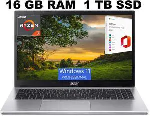 Acer Aspire 3 15 Laptop, 15.6" FHD Display, AMD Ryzen 7 5700U 8 Cores Processor, AMD Radeon Graphics, 16GB DDR4  1TB PCIe SSD, Wi-Fi 6, Windows 11 Pro ,Office 2024 License