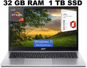 Acer Aspire 3 15 Laptop, 15.6" FHD Display, AMD Ryzen 7 5700U 8 Cores Processor, AMD Radeon Graphics, 32GB DDR4  1TB PCIe SSD, Wi-Fi 6, Windows 11 Pro ,Office 2024 License